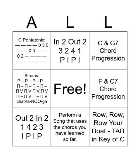 Power Up Ukulele - Level 1 Bingo Card