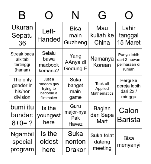 BONGGO Bingo Card