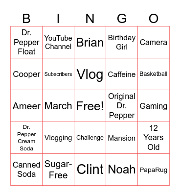 Faze Rug & Dr Pepper Bingo Card