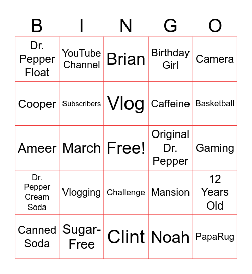 Faze Rug & Dr Pepper Bingo Card