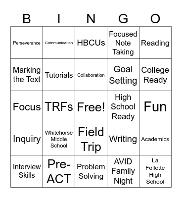 AVID Bingo Card