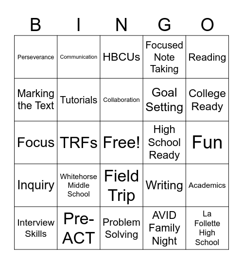AVID Bingo Card