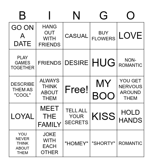 PLATONIC VS ROMANTIC RELATIONSHIPS Bingo Card