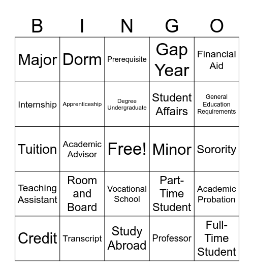 College Vocab Bingo Card