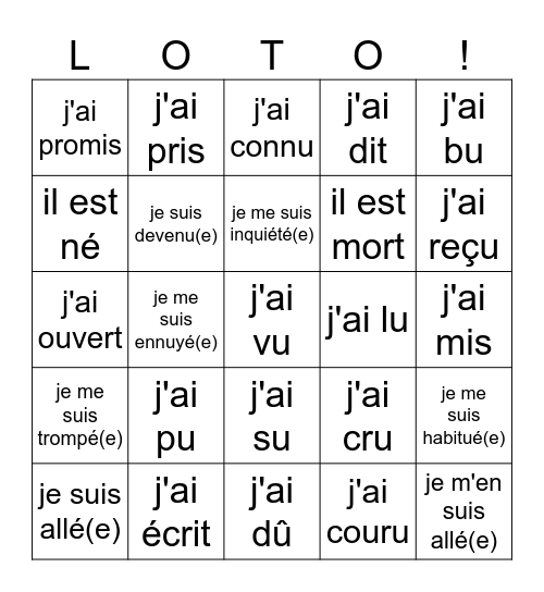 Le Passé Composé Bingo Card