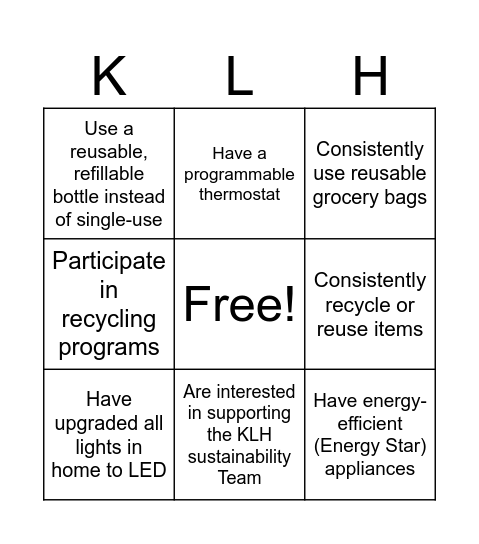 KLH Sustainability Team Engineering Week  BINGO Card