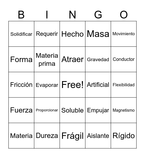 Materials and Forces Bingo Card