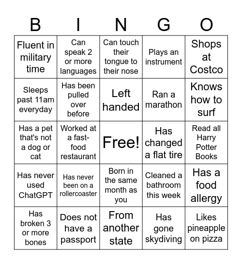 Icebreaker Bingo Card
