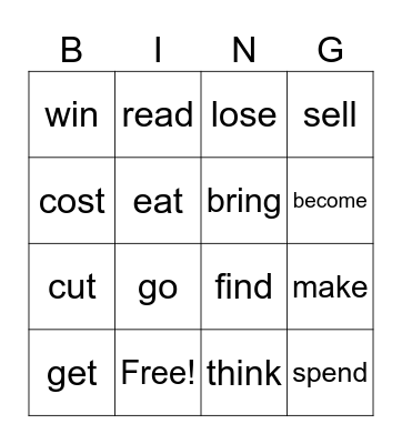 irregular verbs Bingo Card