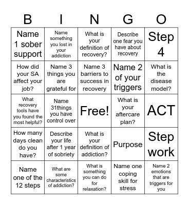 Recovery Bingo! Bingo Card