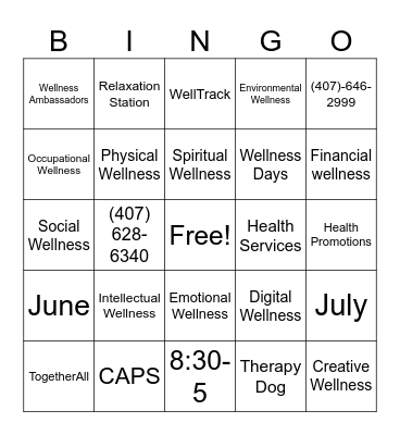 Transfer RCC Wellness Bingo Card