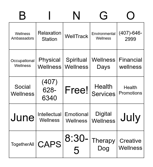 Transfer RCC Wellness Bingo Card
