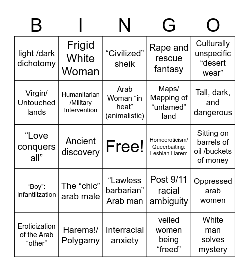 Orientalist Fantasy Bingo Card