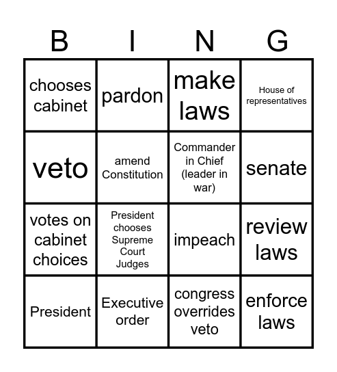 Checks and Balances Bingo Card