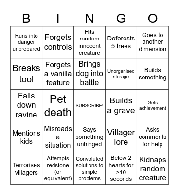 DanTDM Minecraft Series Bingo Card