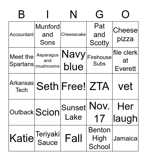 J.C. and Caroline Bingo Card