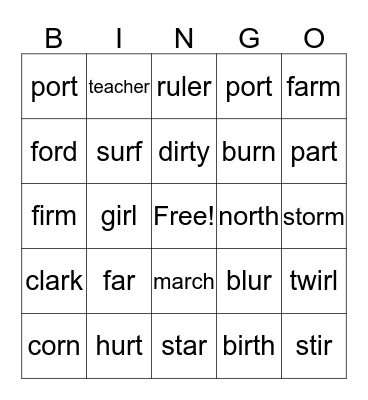 R-controlled vowels Bingo Card