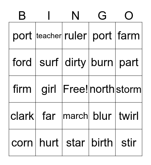 R-controlled vowels Bingo Card