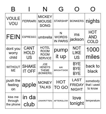 CLUB SONGS Bingo Card