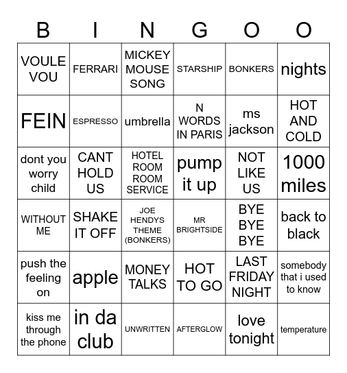 CLUB SONGS Bingo Card