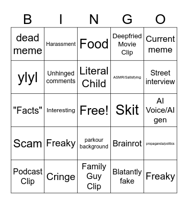 Yt Shorts 2 Bingo Card