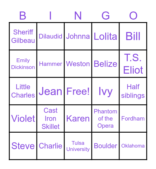 August Osage County Bingo Card