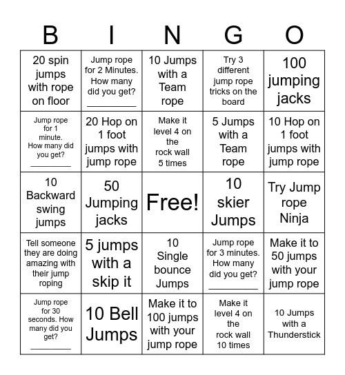 Jump Rope Bingo 3 - 5 Bingo Card