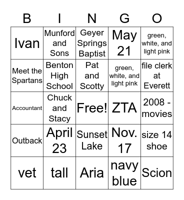 J.C. and Caroline Bingo Card