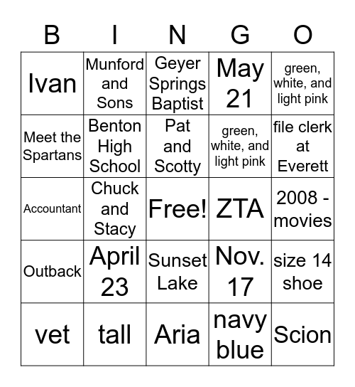 J.C. and Caroline Bingo Card