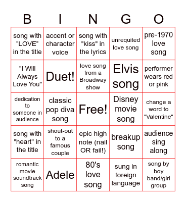 Sid Gold's Valentine's Day KARAOKE Bingo Card