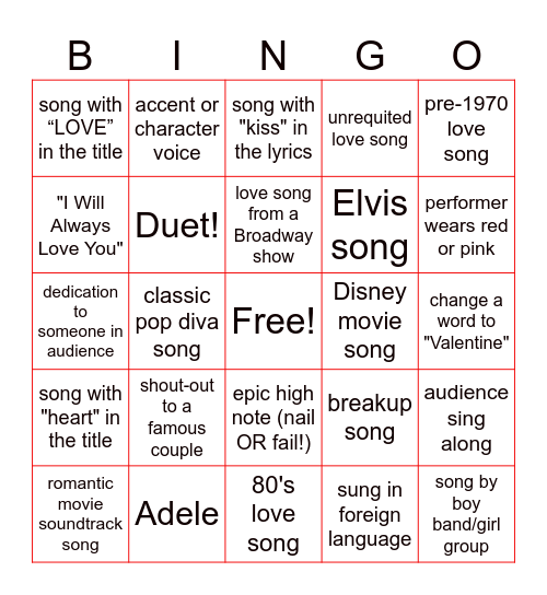 Sid Gold's Valentine's Day KARAOKE Bingo Card