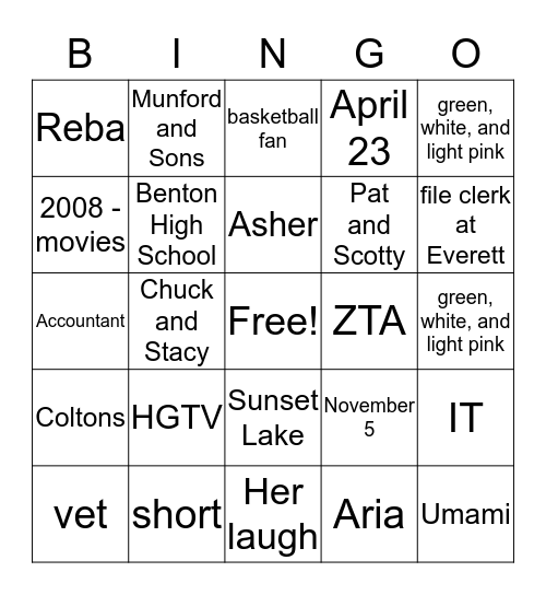 J.C. and Caroline Bingo Card