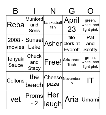 J.C. and Caroline Bingo Card