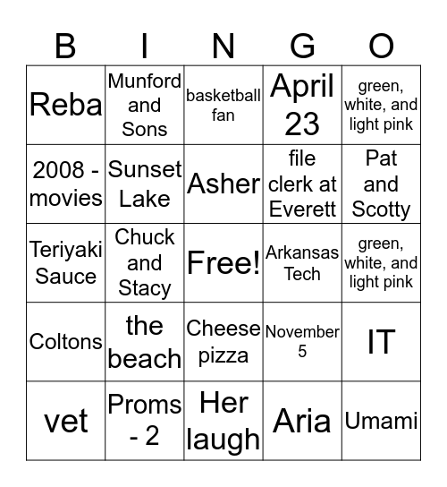 J.C. and Caroline Bingo Card