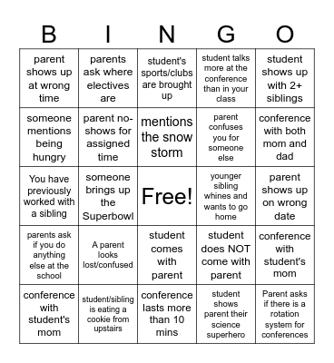 Parent Teacher Conference BINGO Card