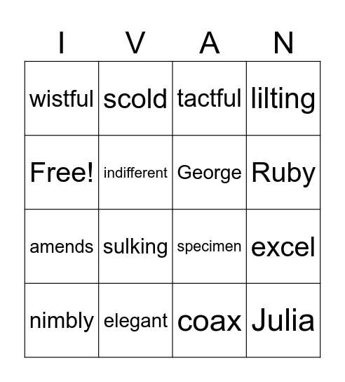 Ivan Vocabulary Pages 38-66 Bingo Card