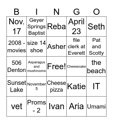 J.C. and Caroline Bingo Card