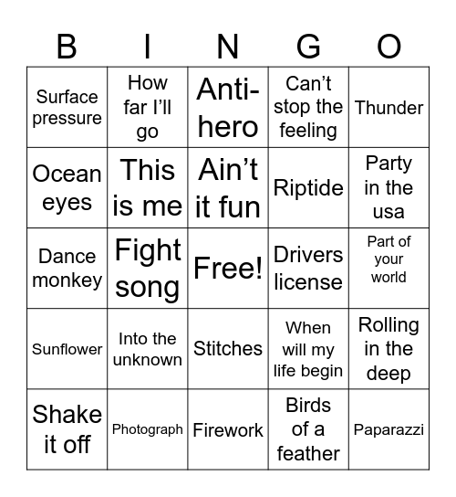 Musical Bingo Card