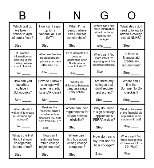 Junior Week FlowDoc Bingo Card