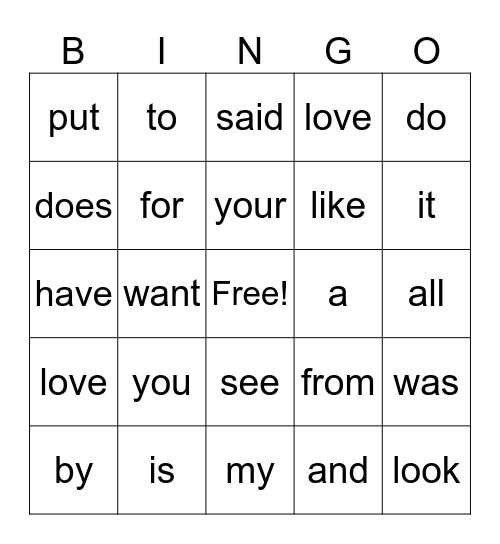 Sight Word Bingo Card