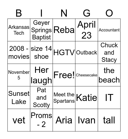 J.C. and Caroline Bingo Card