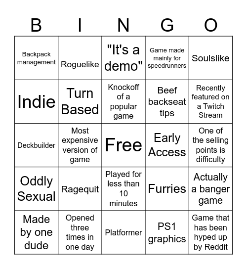 Bepis Game of the Day Bingo Card