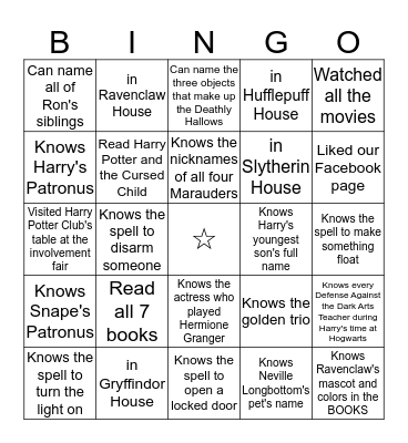 Harry Potter Bingo Card