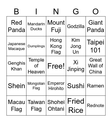 East Asia Bingo Card