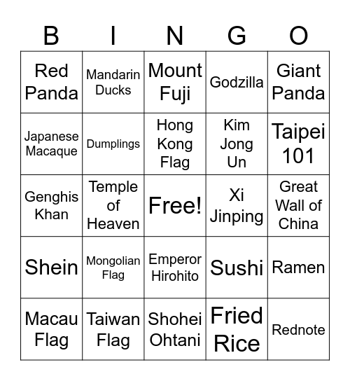 East Asia Bingo Card
