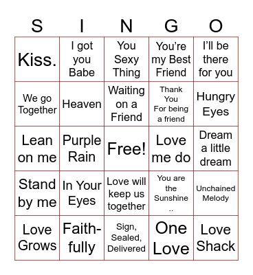 Valentine Song Bingo Card