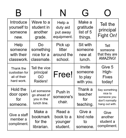 Kindness Bingo Card