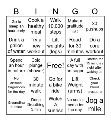 Health and Wellness Bingo Card