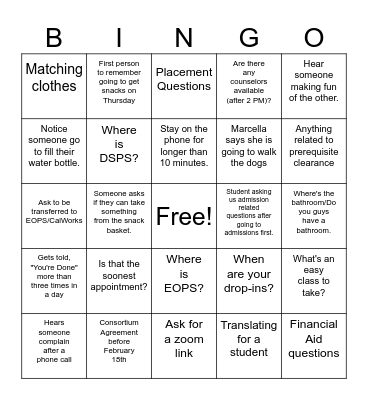 Counseling Bingo Card
