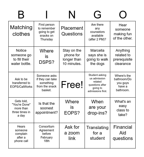 Counseling Bingo Card